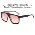 Futuristic square sunglasses featuring black and pink frames with pink-yellow gradient lenses - Black Pink Frame Pink Yellow Lenses