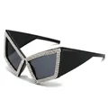 Oversized black cat-eye sunglasses with silver rhinestones and grey lenses for women - Black Frame Black Grey Lens