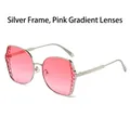 Fashionable silver frame sunglasses with pink gradient lenses and lattice pattern - Silver Frame Gradient Pink Lens