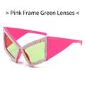 Chic pink frame cat-eye sunglasses with green lenses and sparkling rhinestone crystals - Pink Frame Green Lens