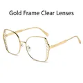 Oversized gold metal frame sunglasses with clear lenses and geometric hollow temples - Gold Frame White Lens