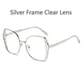 Oversized silver metal frame glasses with hollow grid texture and clear lenses - Silver Frame Clear Lenses