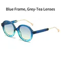 Ronde blauwe zonnebril met golfpatroon en grijs-thee kleurige gradiënt glazen - Blauw Frame Grijs Thee Lenzen