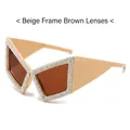 Cat eye sunglasses with beige rhinestone frame and brown lenses for a stylish look - Beige Frame Tea Lens