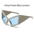 Oversized grey frame sunglasses with blue lenses and rhinestone embellished frame - Grey Frame Blue Lens