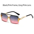 Fashionable square sunglasses with black and pink bicolor frame and metal temples - Regular / Black Pink Frame Grey Pink Lens