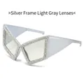 Silver cat-eye sunglasses with rhinestone edges and light gray lenses for women - Silver Frame Light Grey Lens