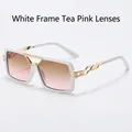 Modern white frame sunglasses with tea pink gradient lenses and gold metal details - Regular / White Frame Tea Pink Lens