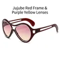Fashionable dark red cat-eye sunglasses with purple to yellow gradient lenses - Jujube Red Frame Purple Yellow Lens
