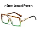 Fashionable square sunglasses with green leopard print frame and golden metal temples - Regular / Green Leopard Frame