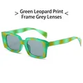 Fashionable square sunglasses featuring green leopard print frames and grey lenses - Green Leopard Frame Gray Lens