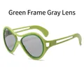 Fashionable oversized green inflated frame sunglasses with gray lenses and cut-out temples - Green Frame Grey Lens