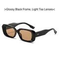 Retro square sunglasses in bright black frame with light tea lenses and metal rivets - Black Frame Light Tea Lens