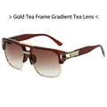 Square metal sunglasses with golden tea frame, gradient brown lenses and textured detail - Gold Tea Frame Gradient Tea Lens