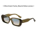 Olive green frame sunglasses with blue-yellow gradient lenses and metal rivet accents - Olive Green Frame Blue Yellow Lens