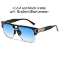 Square metal sunglasses with gold black frame and gradient blue lenses for unisex - Gold Black Frame Gradient Blue Lenses