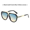 Retro double-bridge aviator sunglasses with black gold frames and blue yellow lenses - Regular / Gold Black Frame Blue Yellow Lens