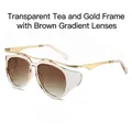 Gafas de sol ovales en té y oro con lentes degradadas y patillas de metal fino - Montura Té Translúcido Dorado Lente Degradado Té