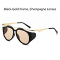 Gafas de sol ovales con montura en negro y dorado, lentes champán y patillas de metal - Montura Negro Oro Lentes Champán