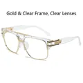 Square gold and transparent metal frame sunglasses with clear white lenses and dual bridge - Gold Clear Frame Clear Lenses