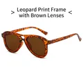 Retro pilot sunglasses with leopard print frame and brown lenses at a 45-degree angle view - Regular / Leopard Frame / Tea Lens