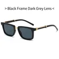 Square black sunglasses with dark grey lenses and textured gold metal temples - Black Frame Black Grey Lens