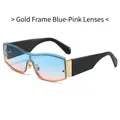 Modern oversized sunglasses with gold metal frame and blue-pink gradient lenses - Gold Frame Gradient Blue Pink Lens
