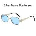 Modern silver polygonal sunglasses with light blue lenses and metal frames - Regular / Standard Silver Frame with Blue Lenses