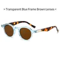 Retro small round sunglasses with transparent blue frames and tea lenses on white background - Blue Frame Tea Lens