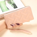Pink heart embroidery woven clutch wallet with wrist strap and zipper closure - Pink