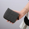 Handheld dark grey square zipper wallet with quilted grid stitching in matte PU leather - Gray