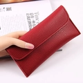 Red long envelope wallet for women featuring premium litchi grain texture and stitching - Red