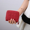 Mini red quilted short wallet with zipper closure and leather pull tab for women - Red