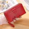 Red long clutch wallet with wristlet strap and textured lychee pattern for women - Red