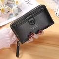 Women's black long zipper wallet in litchi textured leather with wristlet strap - Black