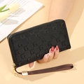 Portefeuille long femme noir avec motif G, fermeture éclair dorée et dragonne marron - Noir volant nœud