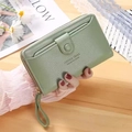 Light green long zip wallet with wrist strap and pebbled leather texture for women - Light Green