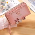 Pink PU leather long wallet for women with wrist strap and double layer zip closure - Pink