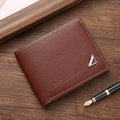 Men's brown short leather bifold wallet with contrast stitching on dark wood surface - Brown