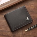 Dark brown bifold men's wallet in lychee grain leather with silver logo and contrast stitching - Coffee