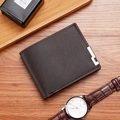 Short bi-fold men's wallet in dark brown litchi pattern with silver metal edge detail - Dark Coffee