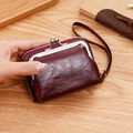 Vintage burgundy oil wax leather wallet for women with metal clasp and zipper - Dark Red