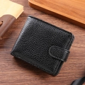 Business style men's black lychee pattern PU leather bifold wallet with snap closure - Black