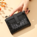Chic black PU leather women's wallet with crocodile pattern texture and side zipper - Short Style / Black