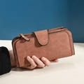 Classic camel matte leather tri-fold wallet for women with snap closure and multi-card slots - Brown