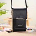 Black pebbled PU leather touchscreen crossbody phone bag with gold metal trim and zip layers - Black