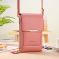 Pink faux leather touchscreen crossbody cell phone bag with golden double zippers - Pink