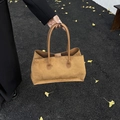 Retro caramel suede tote bag for women featuring a minimalist design and long shoulder straps - Brown