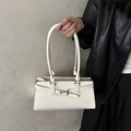 Minimalist white faux leather shoulder bag with silver buckle and long top handles - White