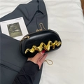 Minimalist black leather shoulder bag with gold wavy metal decor and chain strap - Black